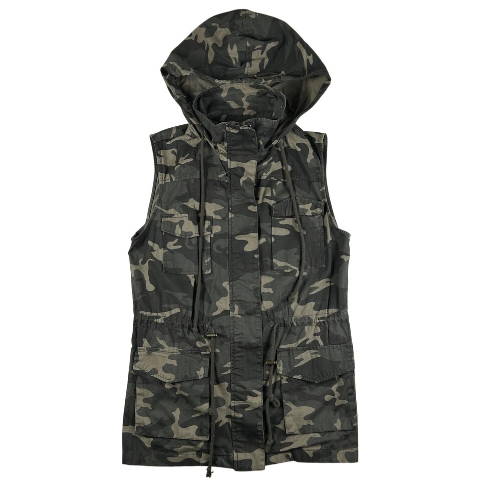Active USA Vest Womens Small Green Camo Hooded Utility Military Pockets Zip